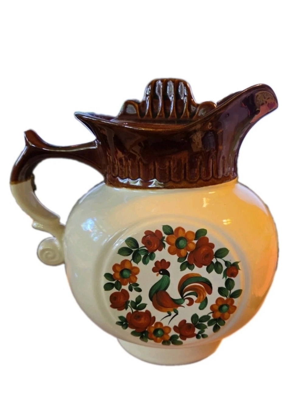 Vintage McCoy Ceramic Pitcher Lid Floral Rooster Motif Cottage Grandpa
